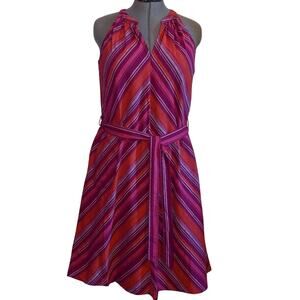 A New Day Purple Orange White Multi Stripes V Cut Sleeveless Dress w/ Belt M